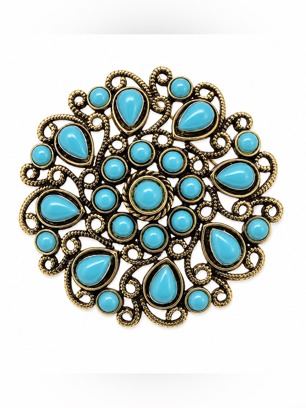 New Turquoise Blue Cabochon Filigree Brooch Gold Tone Round Western Style